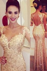 Shining Gold Mermaid Lace and Appliques and Sequins Celebrity Inspired Dress Backless Tulle Long Sleeves Floor Length