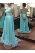 Top Selling One Shoulder Sleeveless Prom Evening Gown Floor Length Beading and Sashes|ribbons Blue Chiffon