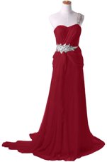 Elegant Burgundy Prom Gown Prom and For with Beading One Shoulder Sleeveless Watteau Train Zipper