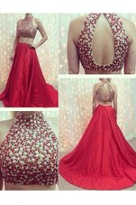 Extravagant Red Sleeveless Elastic Woven Satin Court Train Backless Going Out Dresses for Prom and Party