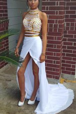 Beautiful With Train White Prom Party Dress High-neck Sleeveless Sweep Train Zipper