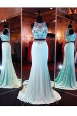 Dramatic Turquoise Zipper Scoop Beading and Appliques Prom Evening Gown Elastic Woven Satin Sleeveless Brush Train