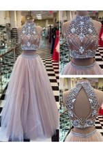 Chic Floor Length Two Pieces Sleeveless Pink Prom Gown Zipper