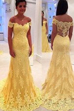 Custom Made Yellow Off The Shoulder Side Zipper Lace Prom Dress Brush Train Sleeveless
