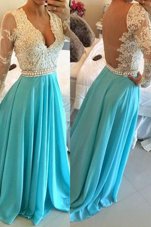 Traditional Long Sleeves Floor Length Lace Backless with Blue