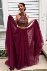 Elegant Burgundy A-line Halter Top Sleeveless Tulle With Train Sweep Train Backless Beading Prom Dress