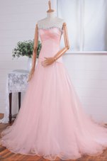 Hot Selling Pink Organza Zipper Prom Evening Gown Sleeveless With Train Sweep Train Beading and Ruching