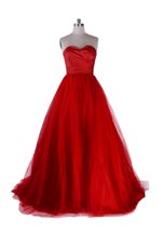 Modern Satin and Tulle Sweetheart Sleeveless Sweep Train Zipper Ruching Homecoming Dress in Red