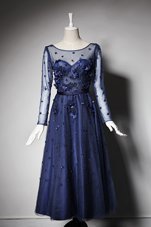 Trendy Tulle Scoop Long Sleeves Zipper Beading and Hand Made Flower Mother Of The Bride Dress in Navy Blue