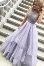 Modern Floor Length Lavender Prom Evening Gown Scoop Sleeveless Zipper