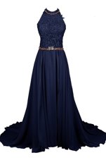 Exquisite Lavender Chiffon and Lace Zipper Halter Top Sleeveless Floor Length Prom Dress Beading