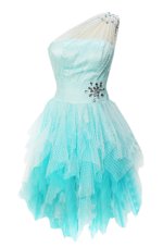Decent Light Blue One Shoulder Side Zipper Beading Prom Evening Gown Sleeveless