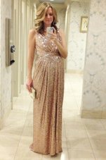 Attractive Gold A-line V-neck Sleeveless Sequined Floor Length Lace Up Pleated Evening Party Dresses