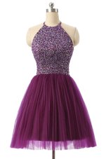 Hot Sale Purple Halter Top Zipper Sequins Prom Party Dress Sleeveless
