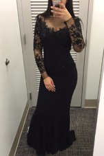 Modest Mermaid Black Long Sleeves Floor Length Beading and Lace Zipper Mother Of The Bride Dress