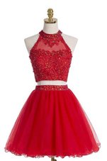 Delicate Red Prom Evening Gown Prom and Party and For with Beading Halter Top Sleeveless Zipper
