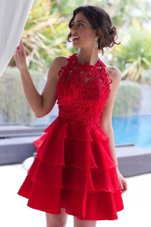 Exquisite Halter Top Sleeveless Tulle Knee Length Zipper in Red for with Lace and Ruffled Layers