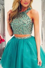 Cheap Scoop Turquoise Sleeveless Organza Zipper Prom Gown for Prom and Party