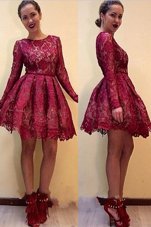 Superior Scoop Red Long Sleeves Lace Knee Length Homecoming Dress