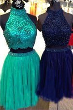 Top Selling Red and Navy Blue and Green Tulle Zipper High-neck Sleeveless Knee Length Party Dress Beading
