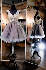 Simple Grey A-line Beading Prom Evening Gown Zipper Tulle Sleeveless Knee Length