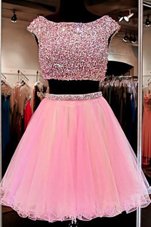 Gorgeous Tulle Bateau Cap Sleeves Zipper Beading Homecoming Dress in Pink