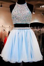 Flirting Baby Blue Chiffon Backless Halter Top Sleeveless Mini Length Prom Evening Gown Beading