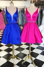 Clearance Satin V-neck Sleeveless Zipper Belt Homecoming Gowns in Rose Pink and Royal Blue