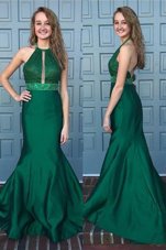 Cute Mermaid Halter Top Sleeveless Going Out Dresses With Train Sweep Train Beading and Lace Green Satin