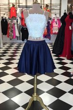 Charming Lace Knee Length Zipper Party Dress for Girls Blue And White and In for Prom and Party with Beading
