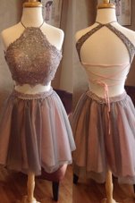 Admirable Halter Top Sleeveless Knee Length Beading Criss Cross Homecoming Gowns with Grey