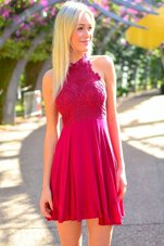 Hot Selling Rose Pink Chiffon Zipper Halter Top Sleeveless Knee Length Prom Party Dress Appliques