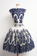 Most Popular Scalloped Appliques Dress for Prom Navy Blue Zipper Cap Sleeves Knee Length