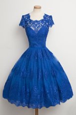 Royal Blue A-line Scalloped Cap Sleeves Lace Knee Length Zipper Lace