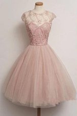 Free and Easy Knee Length Pink Prom Evening Gown Scoop Cap Sleeves Zipper