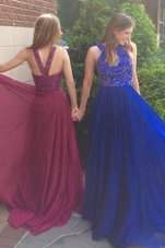 Scoop Sleeveless Chiffon With Train Sweep Train Side Zipper Evening Gowns in Royal Blue for with Beading