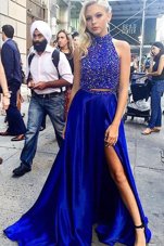 High Class With Train Royal Blue Prom Evening Gown High-neck Sleeveless Sweep Train Zipper