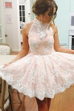 Deluxe Champagne Sleeveless Lace Mini Length Prom Dress