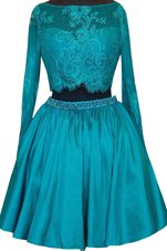 Exceptional Turquoise A-line Beading and Lace Dress for Prom Zipper Satin Long Sleeves Mini Length