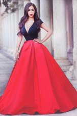 Shining With Train Red Ball Gown Prom Dress Satin Sweep Train Short Sleeves Beading
