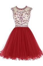 Lovely Scoop Wine Red Zipper Dress for Prom Beading Cap Sleeves Mini Length