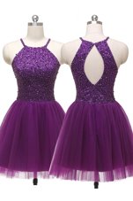 Traditional Scoop Mini Length Zipper Cocktail Dress Purple and In for Prom and Party with Sequins