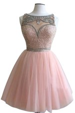 Best Bateau Sleeveless Dress for Prom Mini Length Beading Pink Tulle