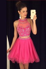 Fine Tulle Scoop Sleeveless Zipper Beading Prom Party Dress in Rose Pink