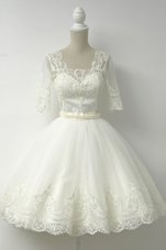 Custom Fit White Half Sleeves Lace Knee Length Prom Party Dress