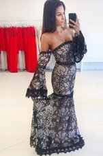 Glittering Mermaid Lace Black Evening Party Dresses Off The Shoulder Long Sleeves Sweep Train Zipper