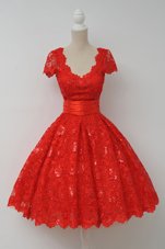 Lace Scalloped Cap Sleeves Zipper Sashes|ribbons Evening Dress in Red