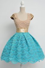 Extravagant Blue Lace Zipper Scoop Cap Sleeves Knee Length Prom Dresses Sequins