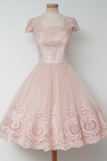 Cute A-line Prom Evening Gown Baby Pink Square Tulle Cap Sleeves Tea Length Zipper