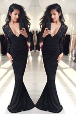 Excellent Mermaid Black Long Sleeves Floor Length Lace Zipper Evening Outfits